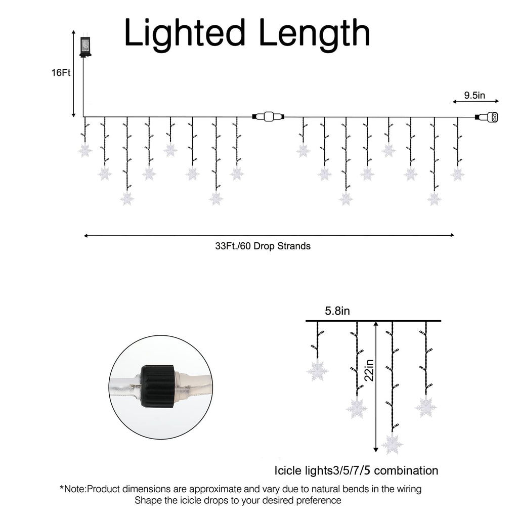 Snowflake / 33 Feet / 60 Drops / 300 LED / Remote