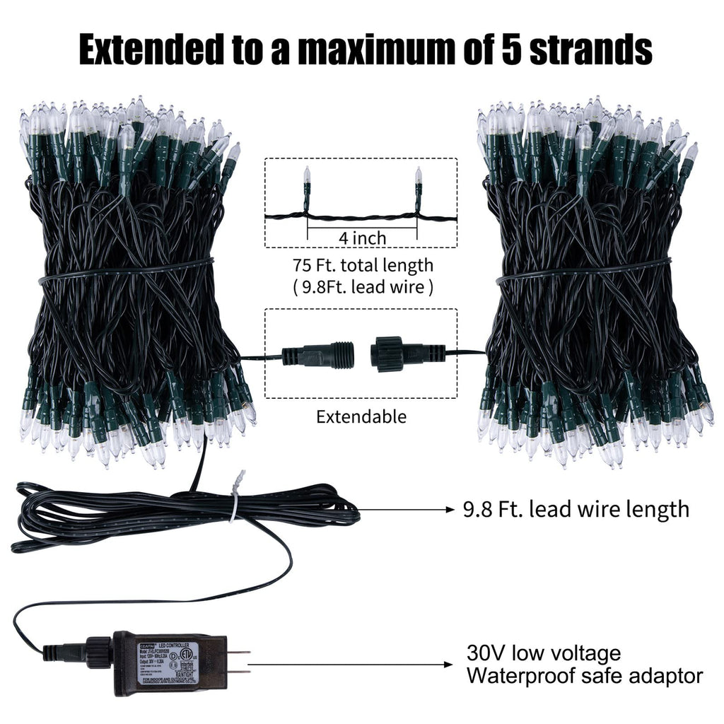 1 x 75 Feet / 200 LED / Warm White and Multicolor / Green Wire