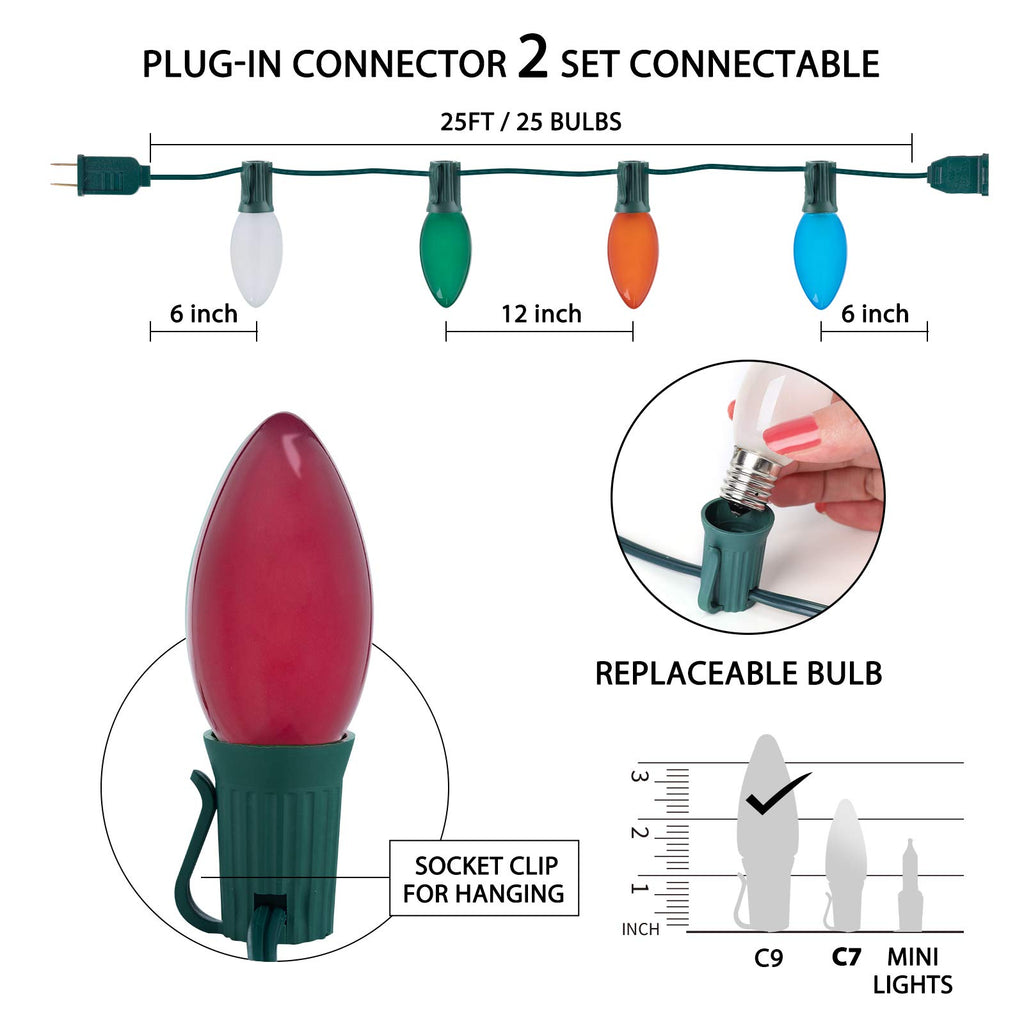 25 Feet / 25 Opaque Multicolor Bulbs / Green Wire
