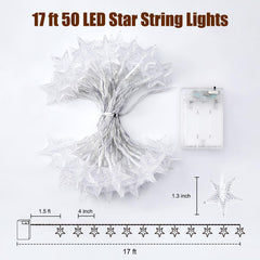 17 ft 50 LED Battery Operated Star String Lights, Warm White