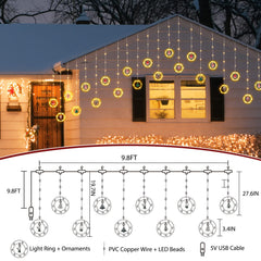 Christmas Curtain String Lights, Rings & Detachable Rubber Ornament