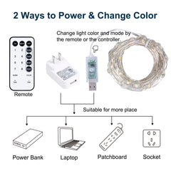 Silver Fairy Lights with USB & Adapter, Remote