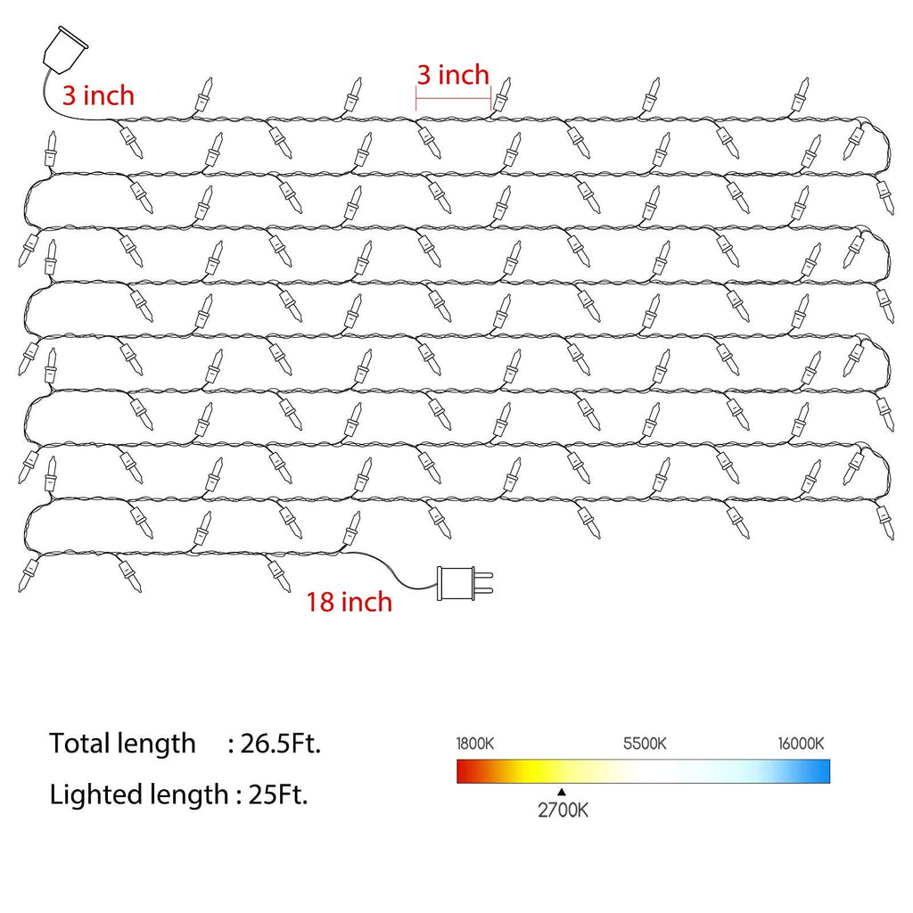 1 x 25 Feet / 100 Bulbs / Warm White / White Wire