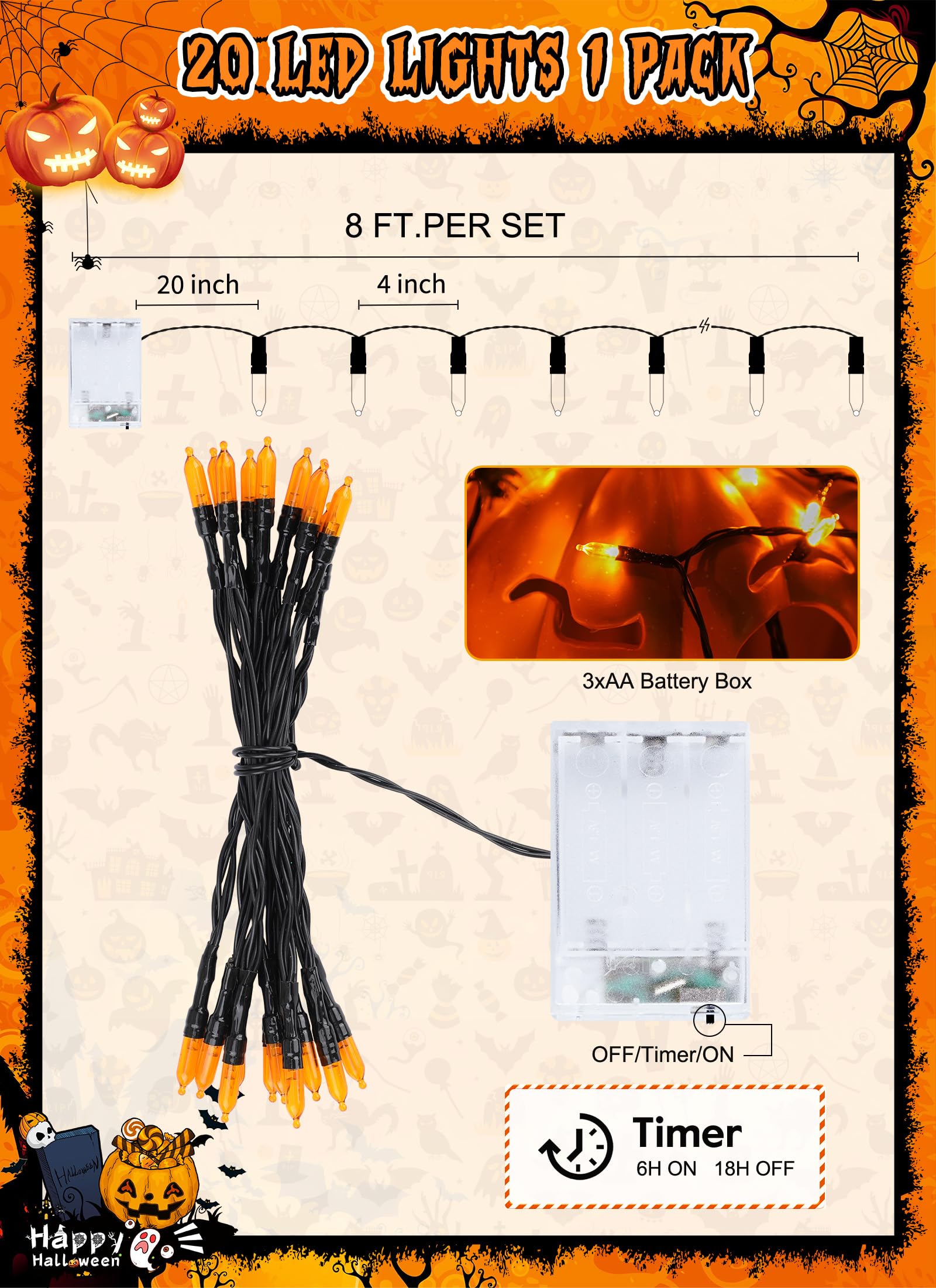 8ft 20LED Battery Operated Mini Bulbs String Light for Halloween Haunted House Party, Orange