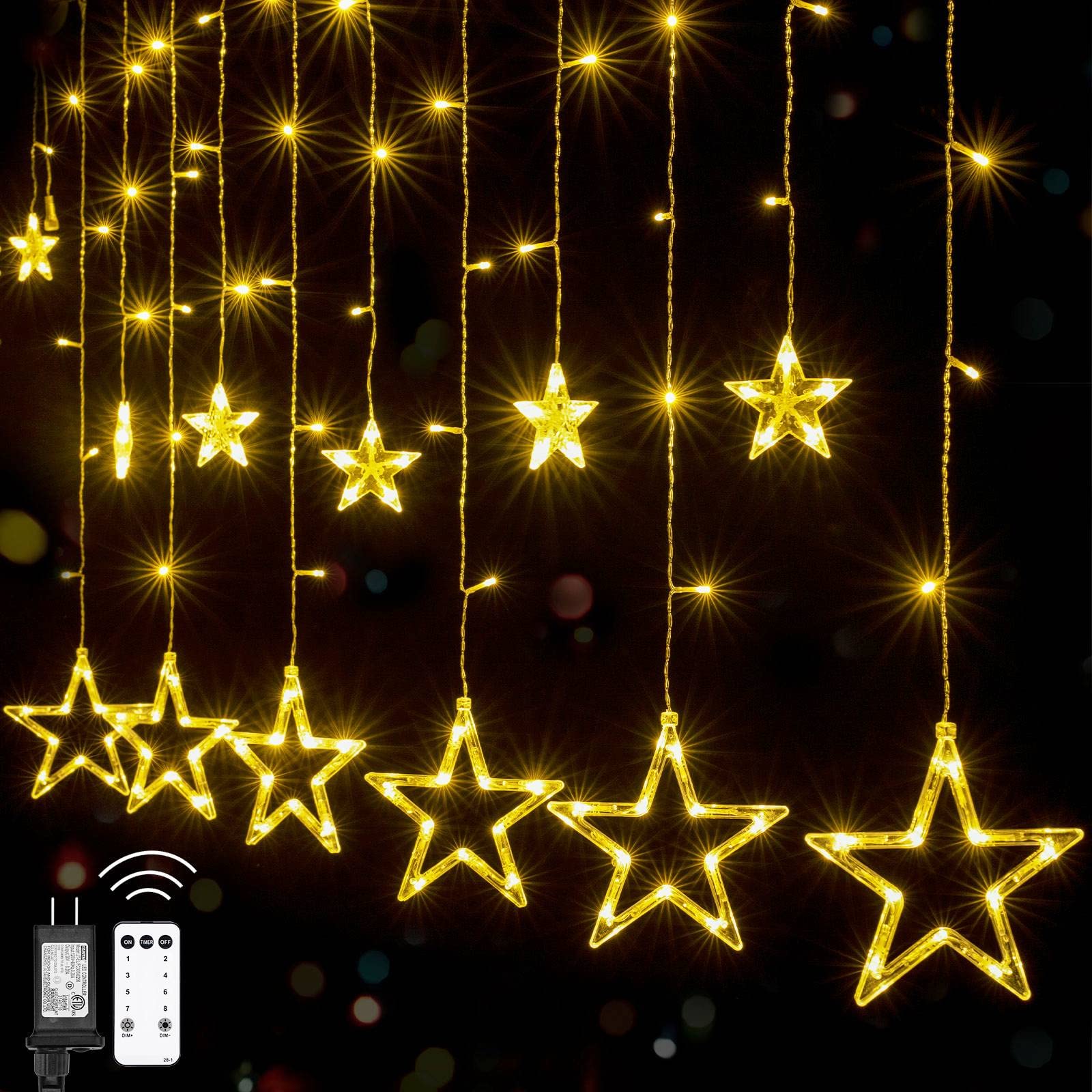Plug In 9ft 138 LED 12 Star Drops Christmas Window Lights with Remote, 8 Modes, Warm White