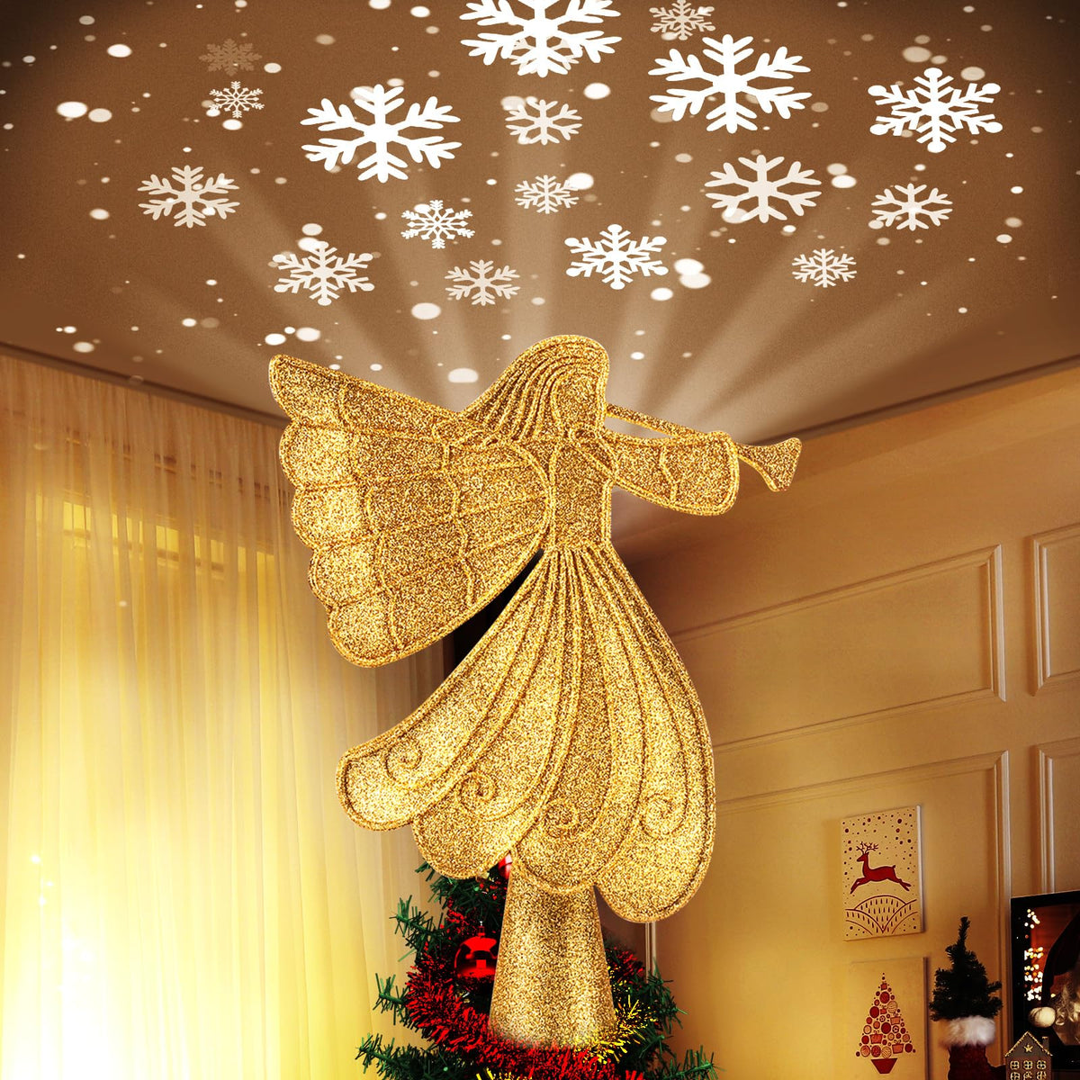 Brightown Gold Angel Tree Topper with Lights, Glitter Christmas Decor
