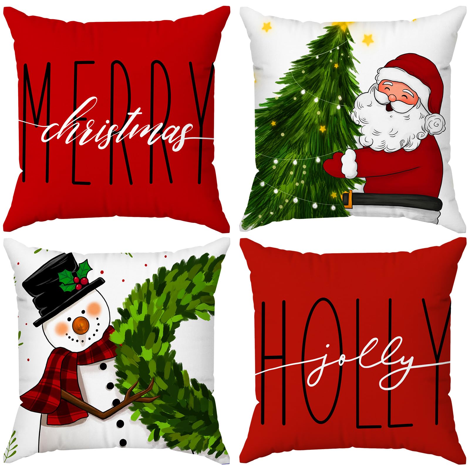 Set of 4 18x18 Red Christmas Pillow Covers,Throw Cushion Case,Winter Holiday Decor for Home Couch