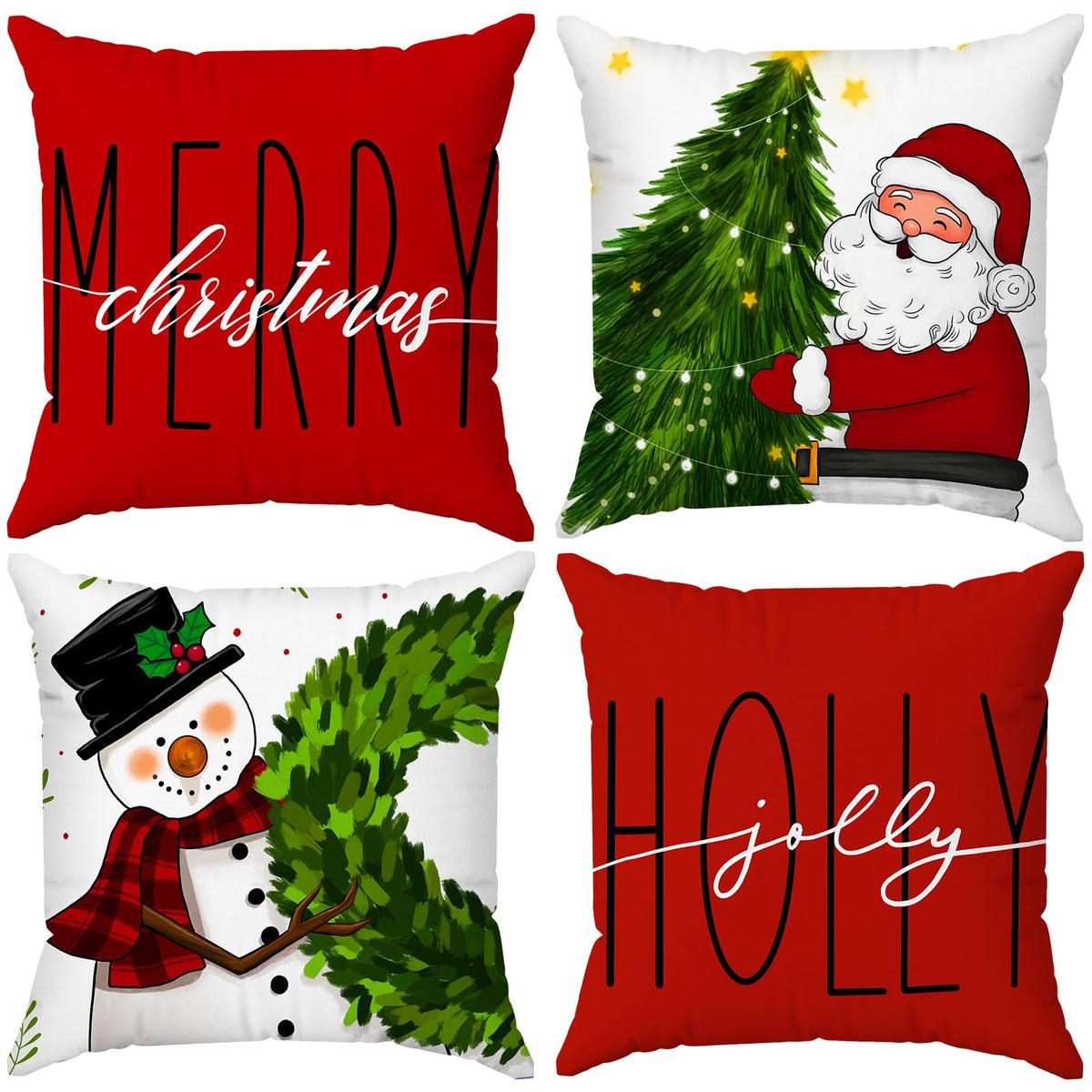 Set of 4 18x18 Red Christmas Pillow Covers,Throw Cushion Case,Winter Holiday Decor for Home Couch
