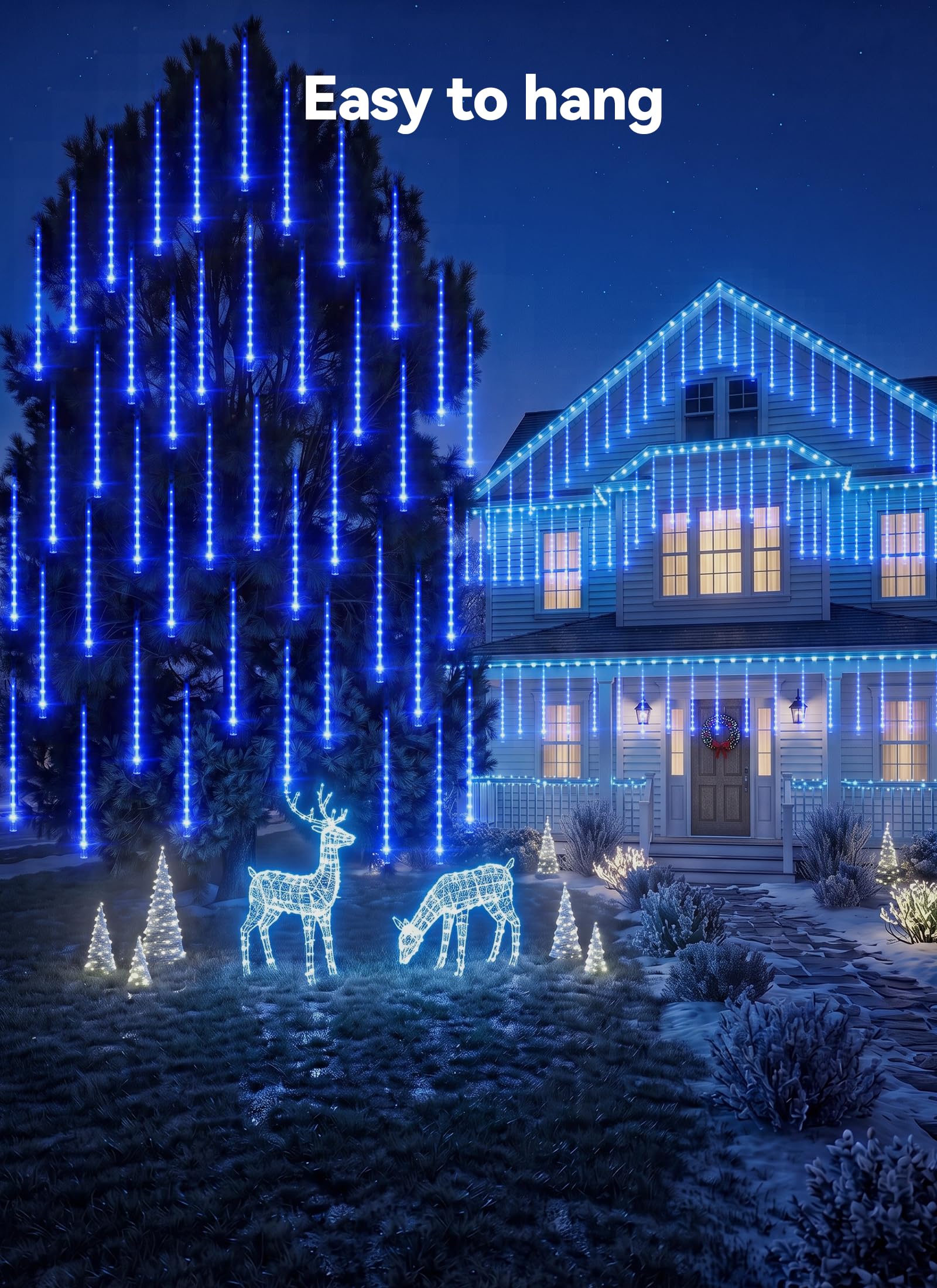 Solar Powered 16 Tube 384 LED Meteor Shower Icicle Lights for Christmas Party Decor, Blue