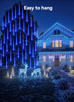 Solar Powered 16 Tube 384 LED Meteor Shower Icicle Lights for Christmas Party Decor, Blue