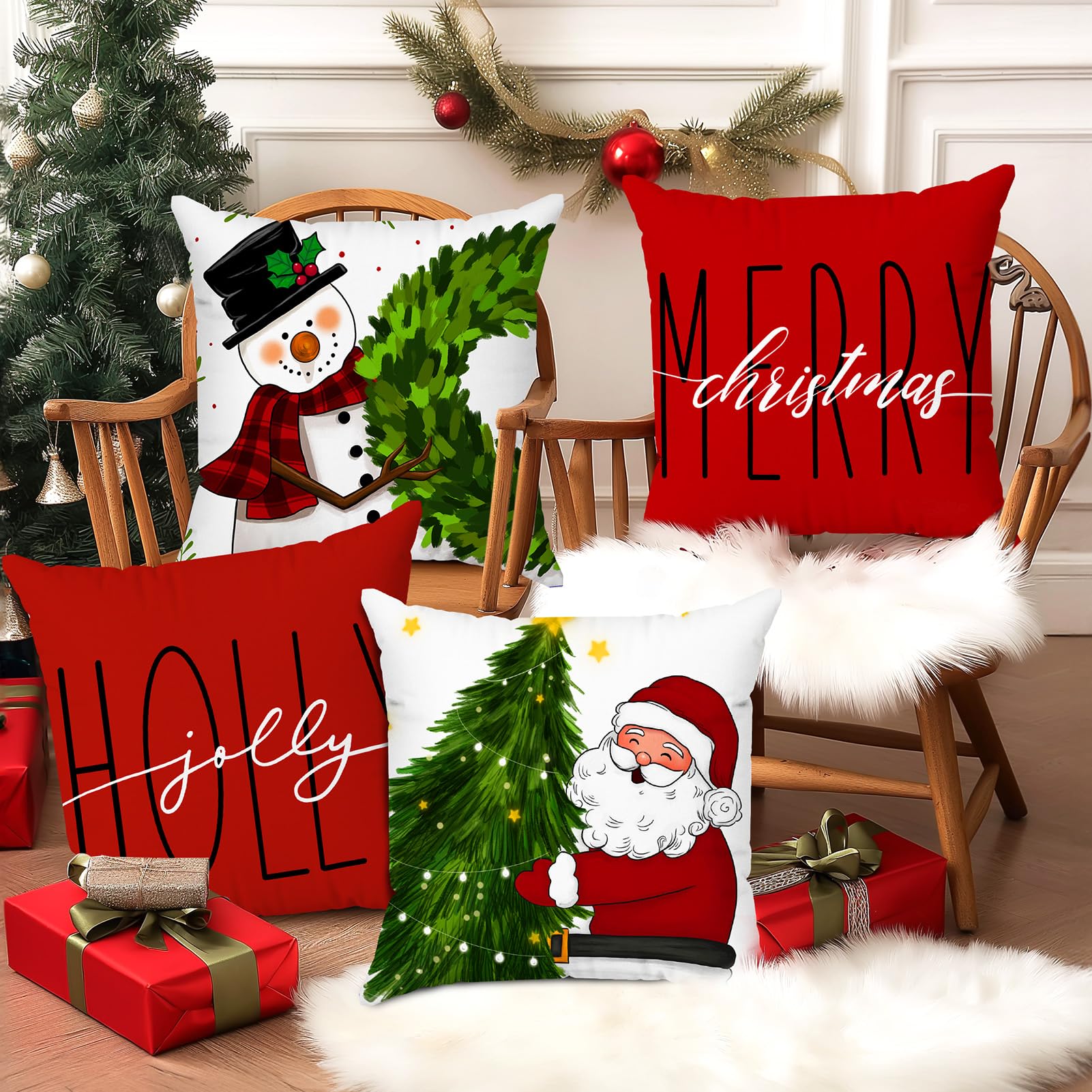 Set of 4 18x18 Red Christmas Pillow Covers,Throw Cushion Case,Winter Holiday Decor for Home Couch