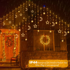 Plug In 18ft 138 LED 12 Star Moon Drops Christmas Window Lights with Remote, 8 Modes, Warm White