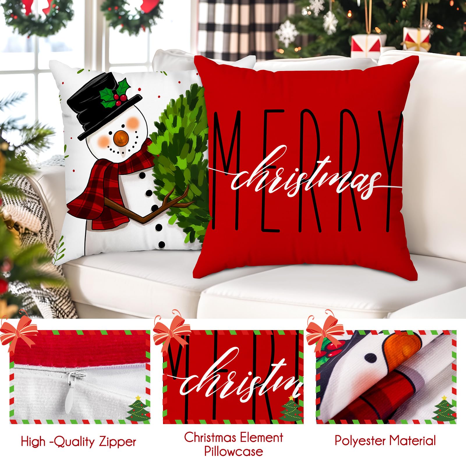Set of 4 18x18 Red Christmas Pillow Covers,Throw Cushion Case,Winter Holiday Decor for Home Couch