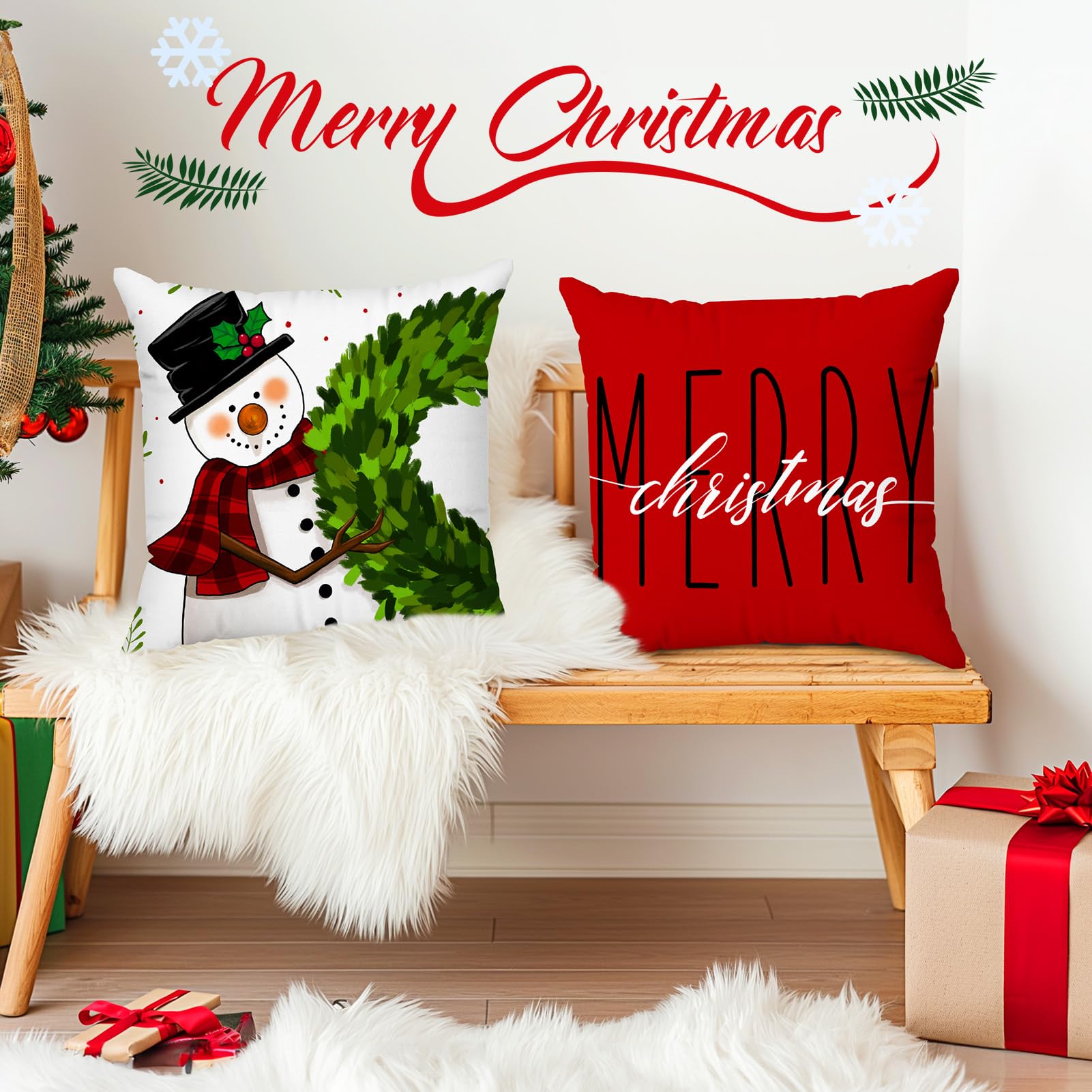 Set of 4 18x18 Red Christmas Pillow Covers,Throw Cushion Case,Winter Holiday Decor for Home Couch