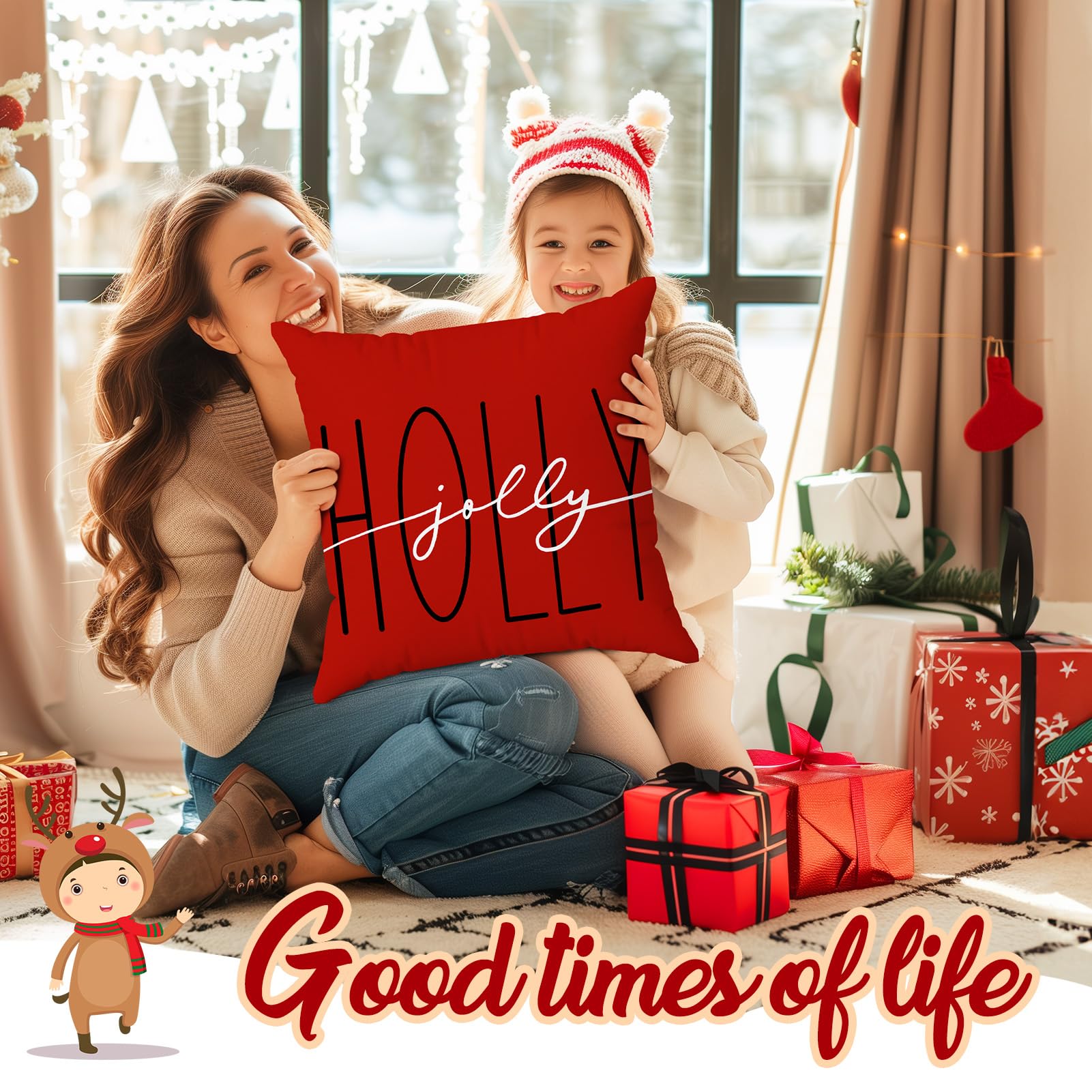 Set of 4 18x18 Red Christmas Pillow Covers,Throw Cushion Case,Winter Holiday Decor for Home Couch