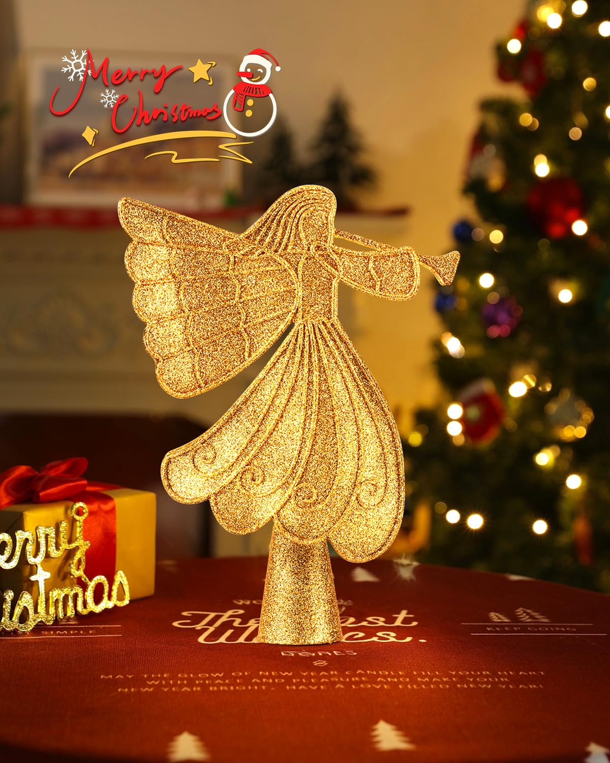 Brightown Gold Angel Tree Topper with Lights, Glitter Christmas Decor