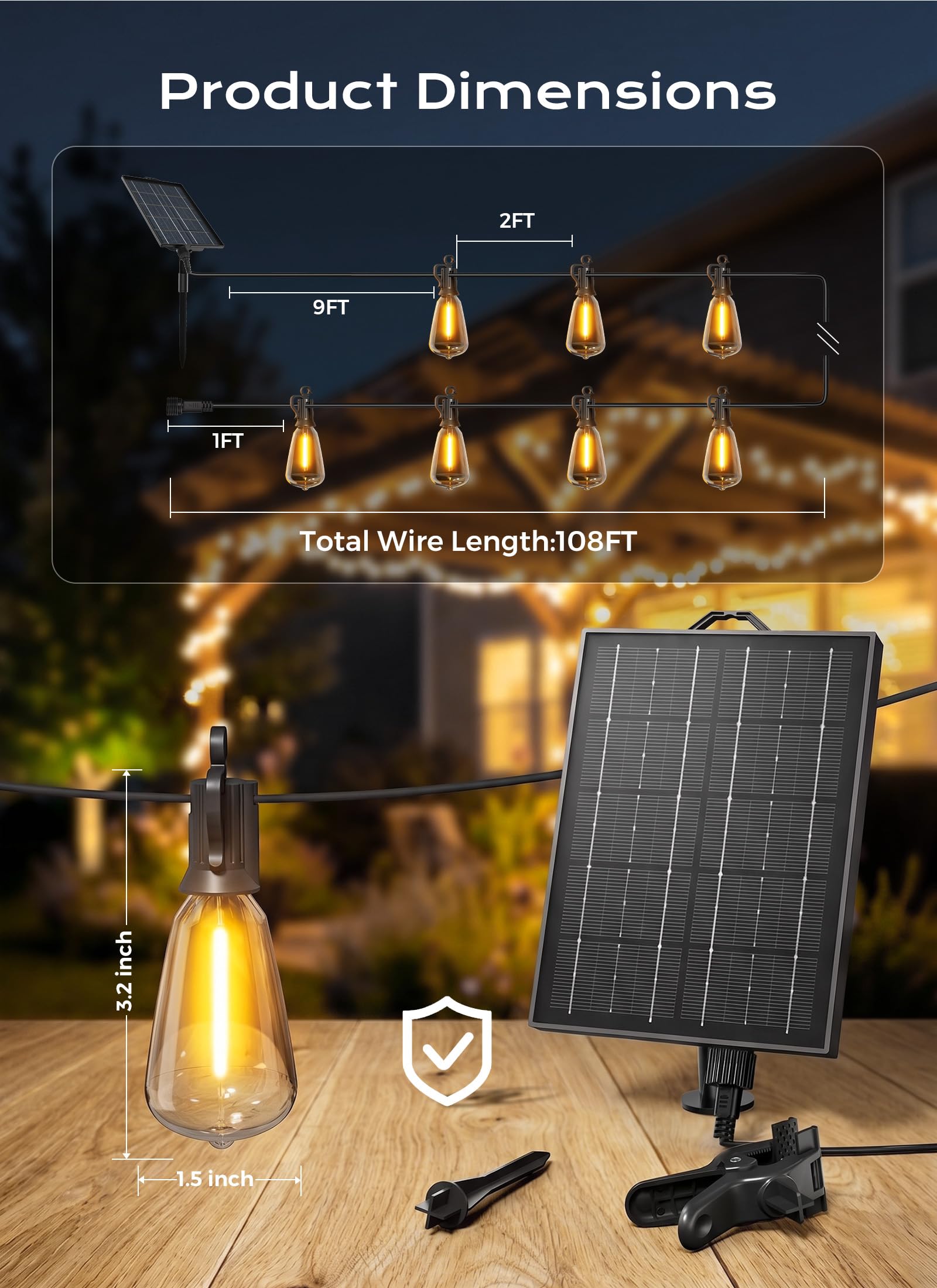 108FT Outdoor Waterproof Solar String Lights, 30+Hrs Runtime, 50+2 LED, USB, Remote Timer