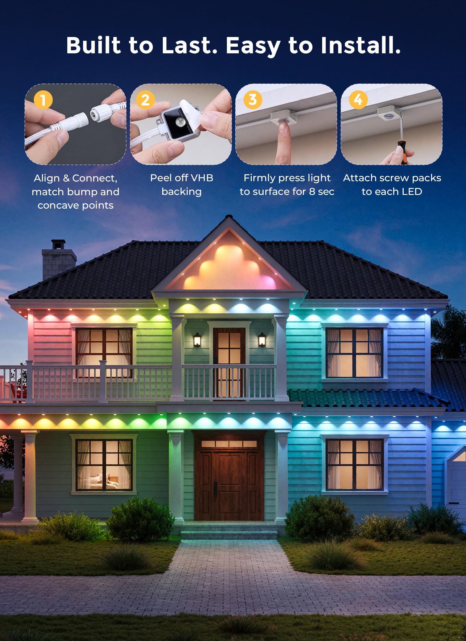 150ft RGBCW Permanent Outdoor Lights,16M Colors,100+ Scenes,App,Voice,Remote,Music Sync