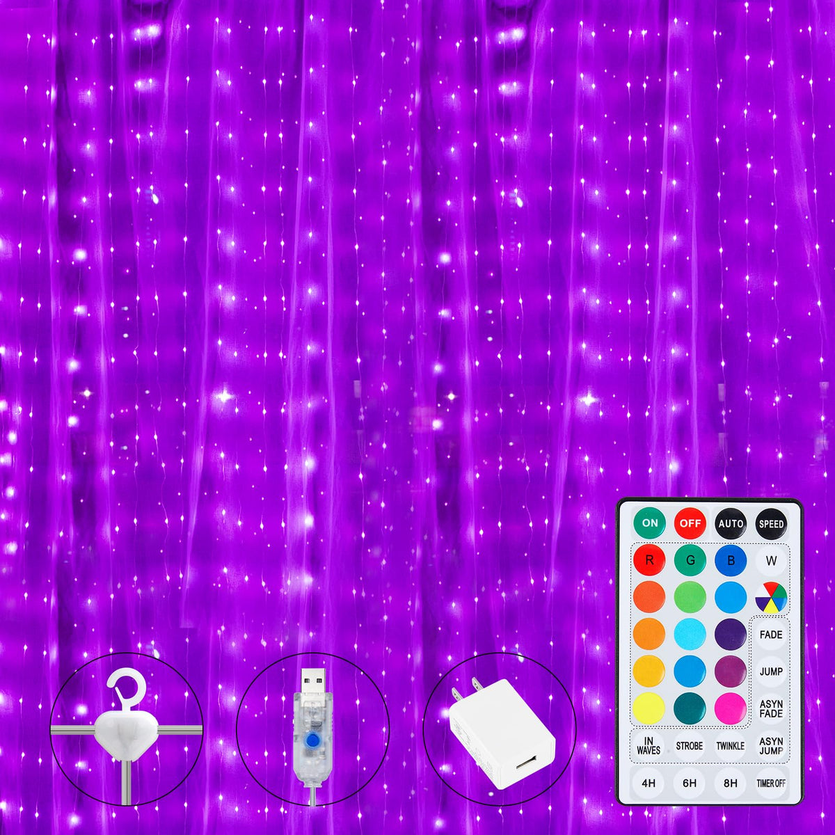 16 Colors Changing 400 LED 14.8 X 9.8 FT USB Plug in Curtain Fairy Lights with Remote & USB Adapter, 7 Modes