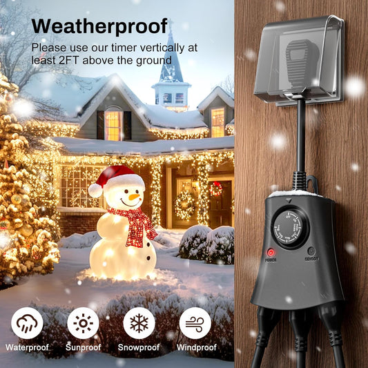 Outdoor Plug Timer with Remote - Dusk to Dawn, 3 Outlets, UL Listed
