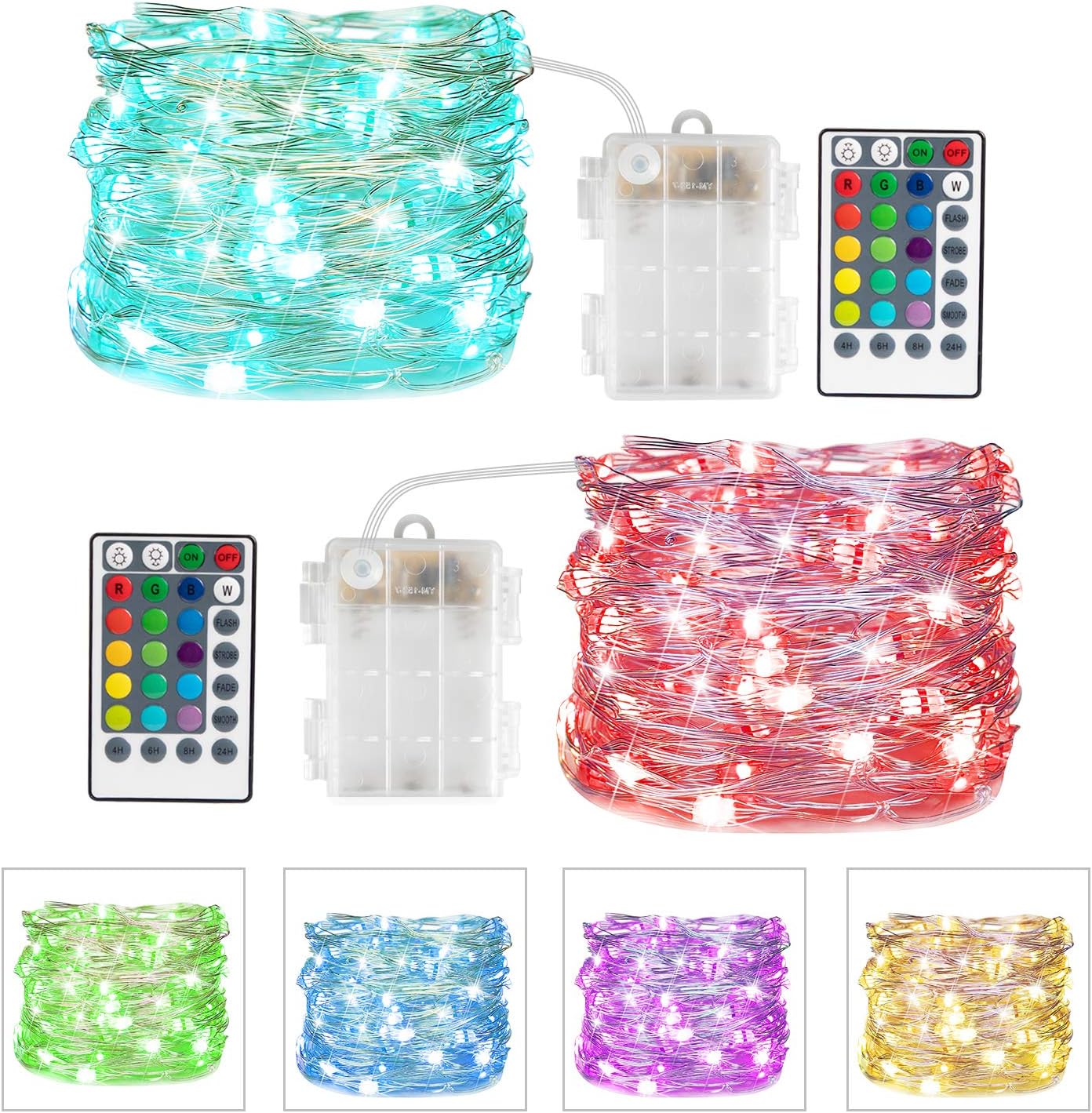 Christmas Color Changing Fairy Lights - 16ft, 50 LED Battery Operated (2 Pack)