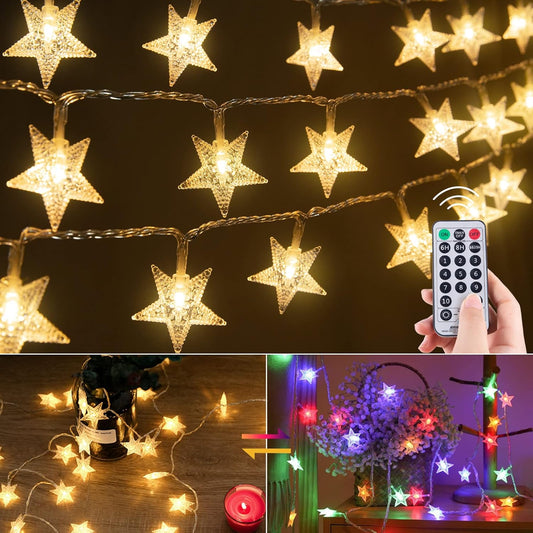 33 ft 100 LED Plug in Stars Fairy String Lights with Remote for Bedroom, Warm White + Multicolor