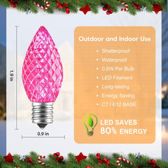 C7 Pink LED Christmas Replacement Bulbs - Shatterproof E12 Base
