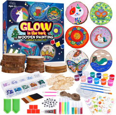 Kids Wooden Painting Kit - Glow in the Dark, 26 pcs Craft Set for Ages 5-12