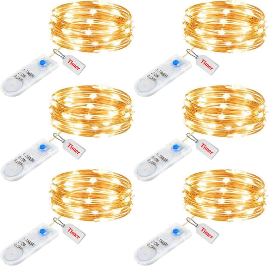 6 Pack 7ft 20 LED Battery Operated Silver Wire Firefly String Lights, Warm White