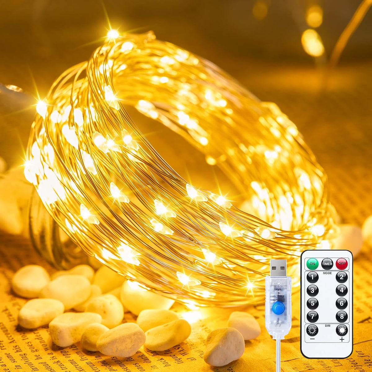 33 ft 100 LED USB Plug in silver wire String Lights with Remote for Home DIY, 8 Modes, Warm White