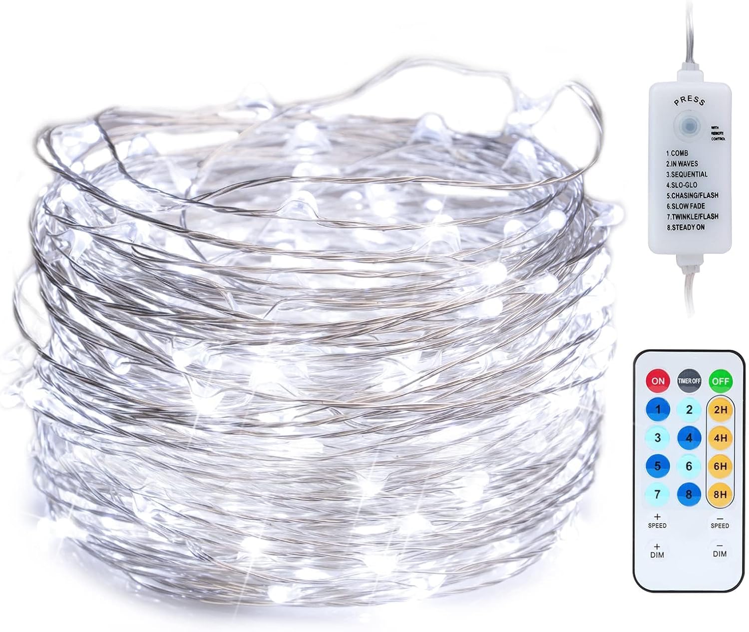 USB Fairy String Lights - 40FT 120LED, 8 Lighting Modes, Pure White