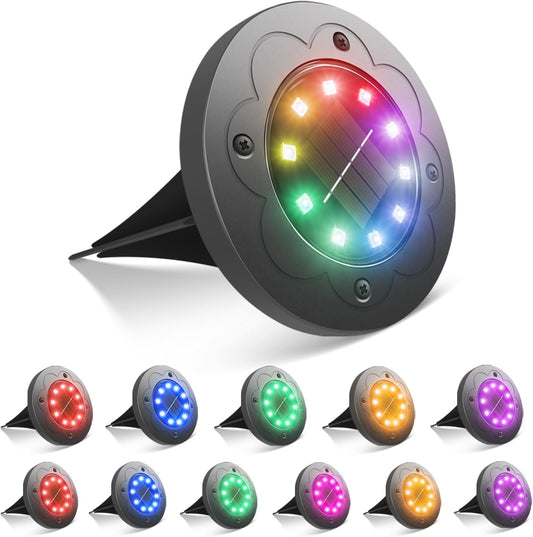 12 Pack RGB Solar LED In-Ground Lights, Outdoor Lighting