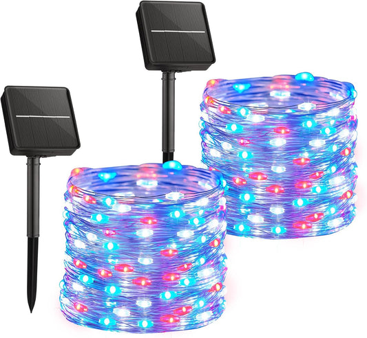 4th of July Solar String Lights - 2 Pack, 66 FT, 200 LED, Red White Blue