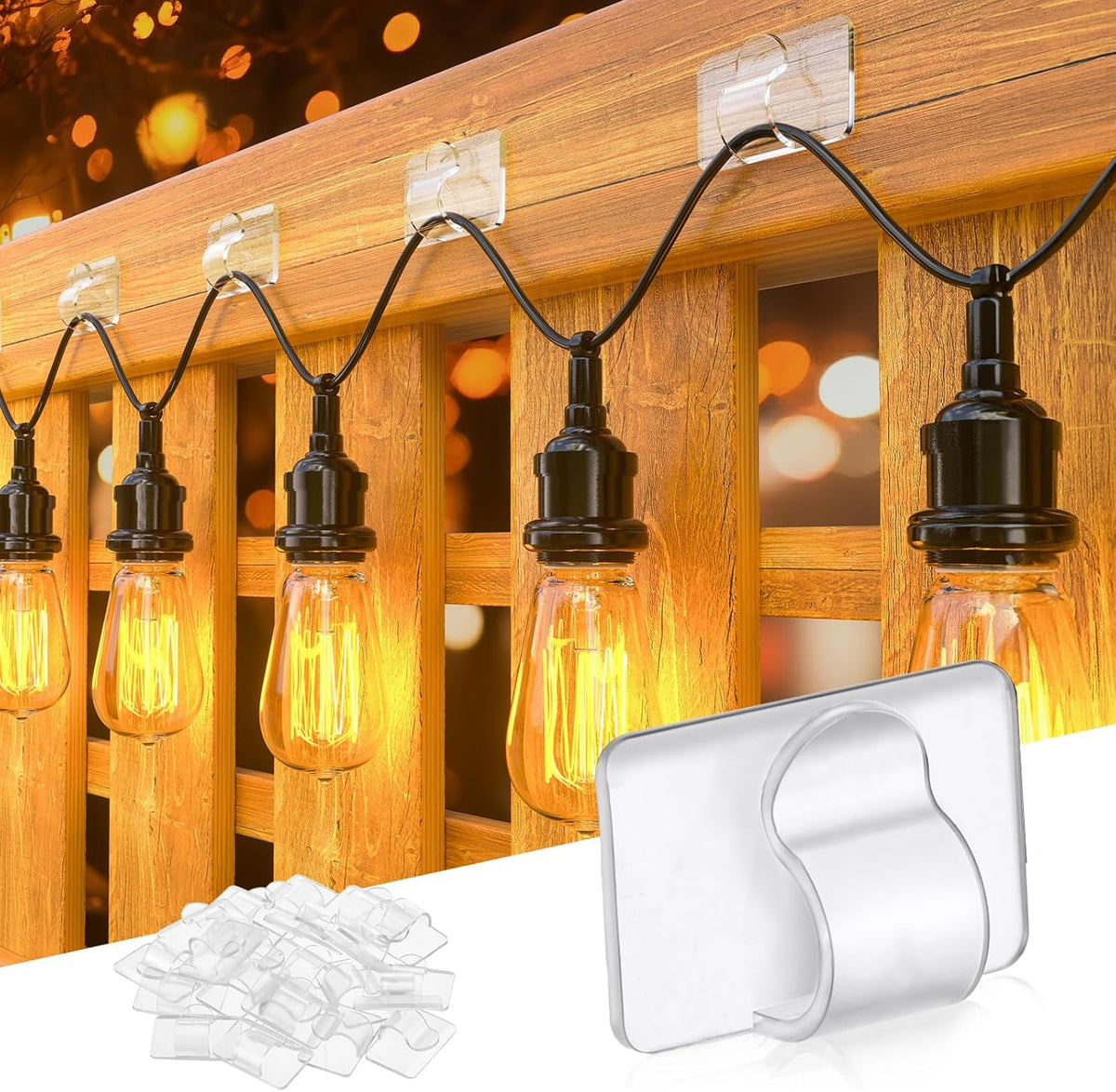 Cable Clips and Adhesive Strips for String Lights - 15 Hooks, 20 Strips