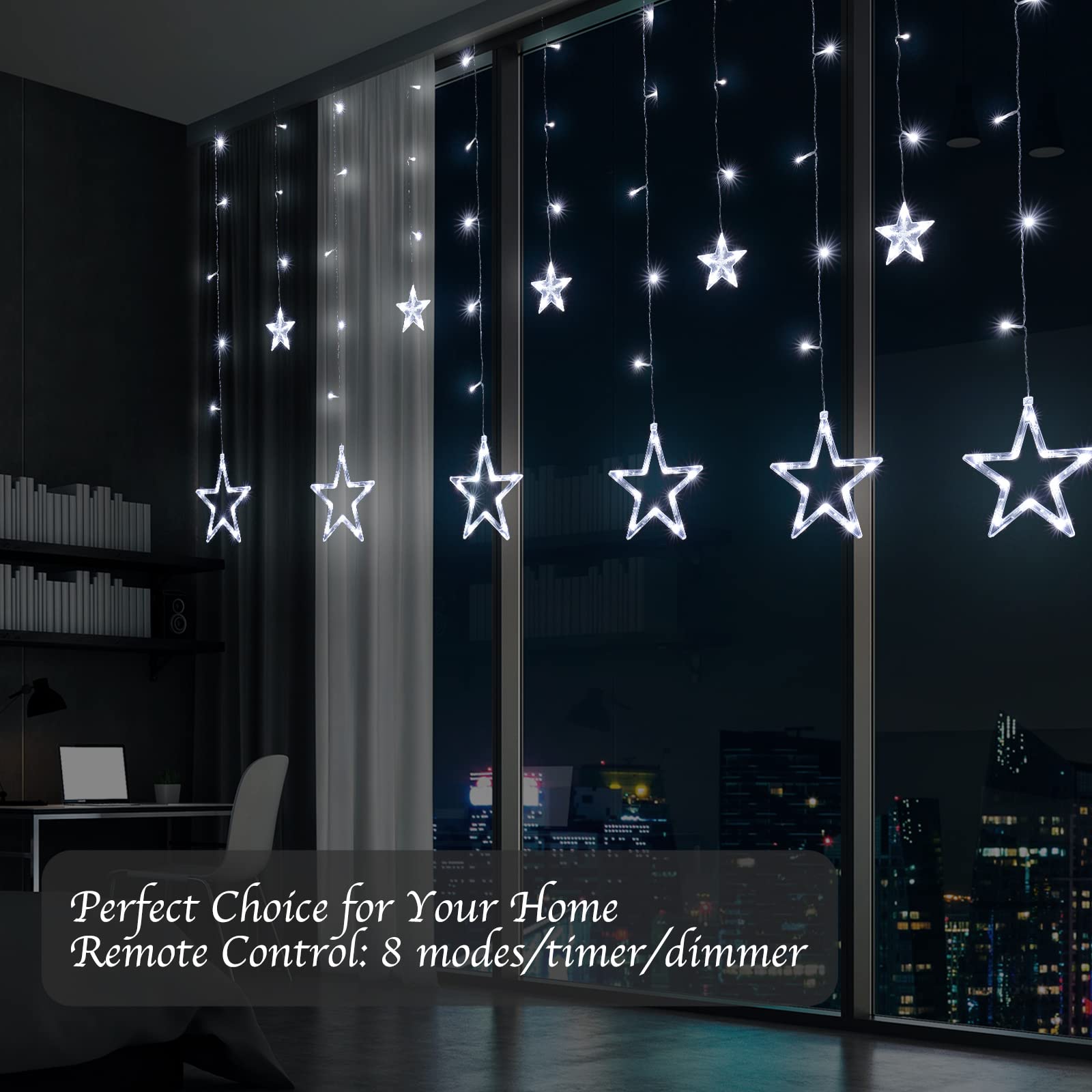 Plug In 9ft 138 LED 12 Star Drops Christmas Window Lights with Remote, 8 Modes, White