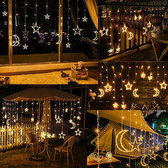 Plug In 18ft 138 LED 12 Star Moon Drops Christmas Window Lights with Remote, 8 Modes, Warm White