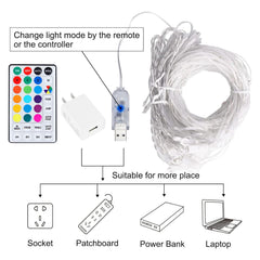 16 Colors Changing 400 LED 14.8 X 9.8 FT USB Plug in Curtain Fairy Lights with Remote & USB Adapter, 7 Modes