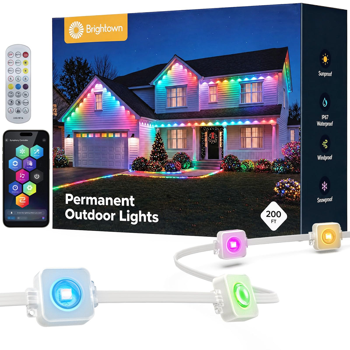 100ft 60 RGBCW+IC LED Permanent Outdoor Lights, IP67, 16M Colors, App&Remote, Music Sync