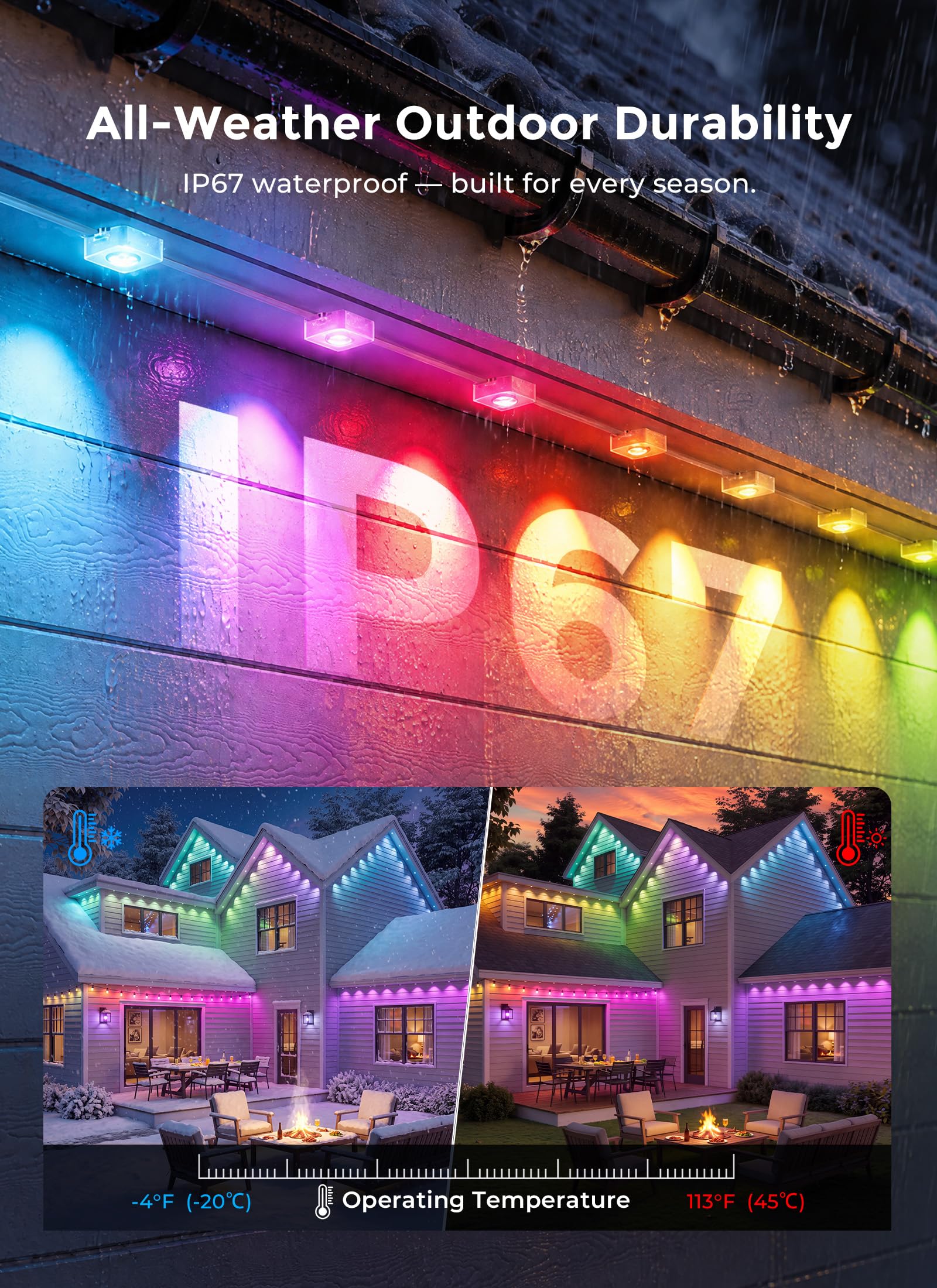 200ft 120 RGBCW+IC LED Permanent Outdoor Lights, IP67, 16M Colors, App&Remote, Music Sync