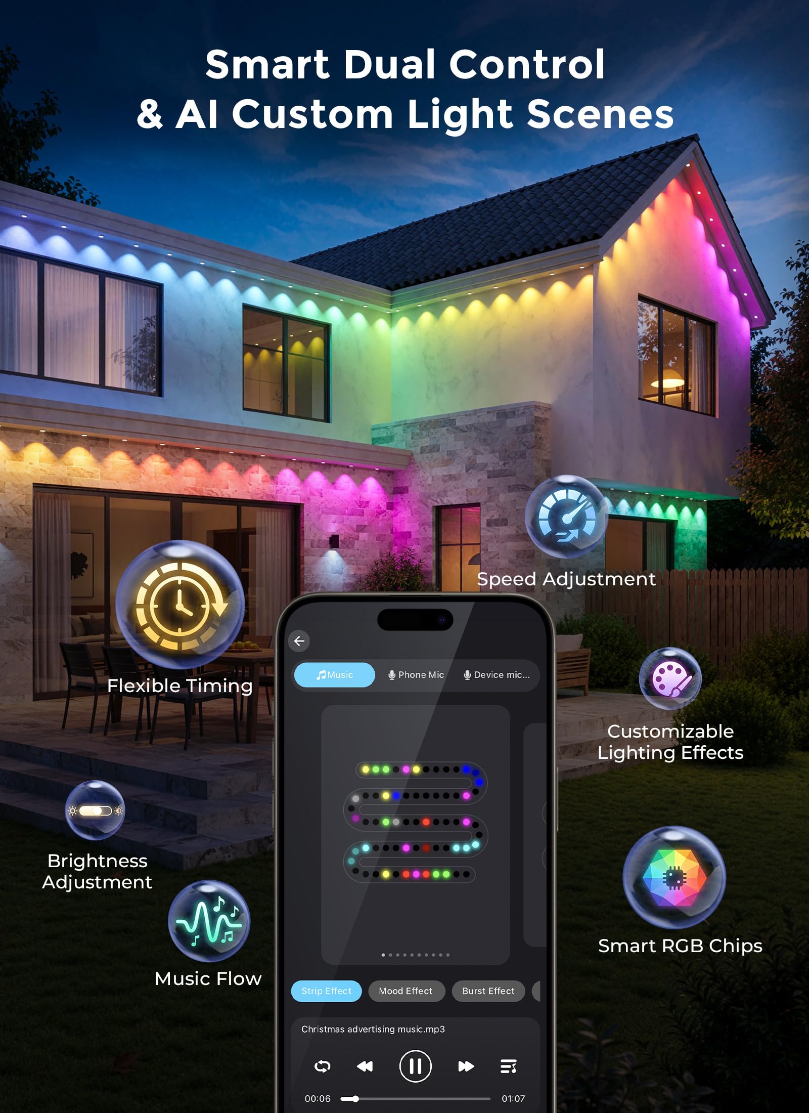 100ft 60 RGBCW+IC LED Permanent Outdoor Lights, IP67, 16M Colors, App&Remote, Music Sync