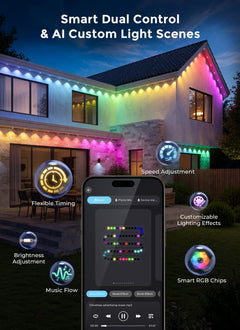 50ft RGBCW+IC LED Permanent Outdoor Christmas Lights, IP67, 16M Colors, App&Remote, Music Sync
