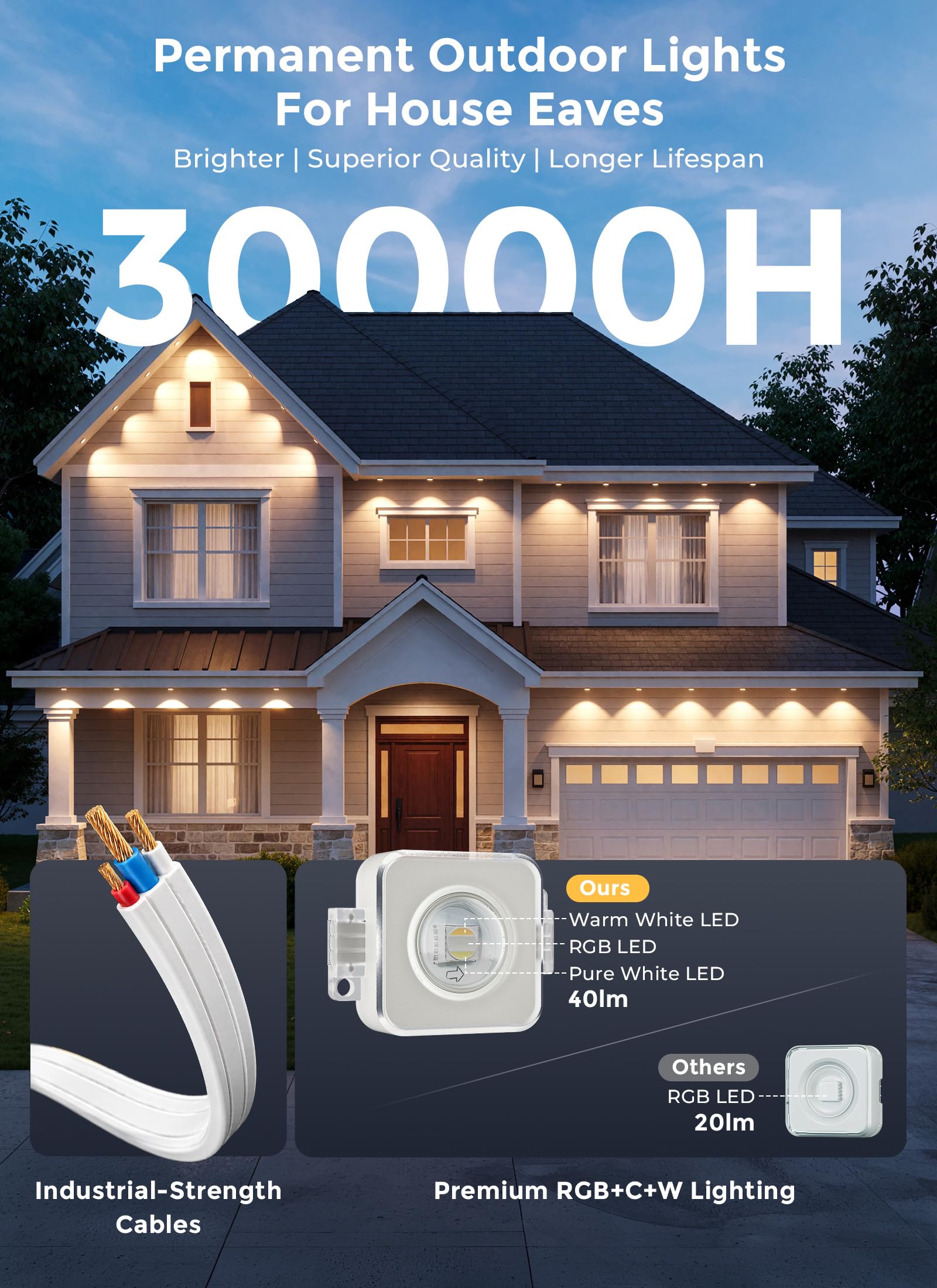 50ft RGBCW+IC LED Permanent Outdoor Christmas Lights, IP67, 16M Colors, App&Remote, Music Sync