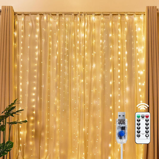300 LED 9.8ft x 9.8ft Fairy Curtain Lights for Bedroom Christmas Decoration, USB Powered