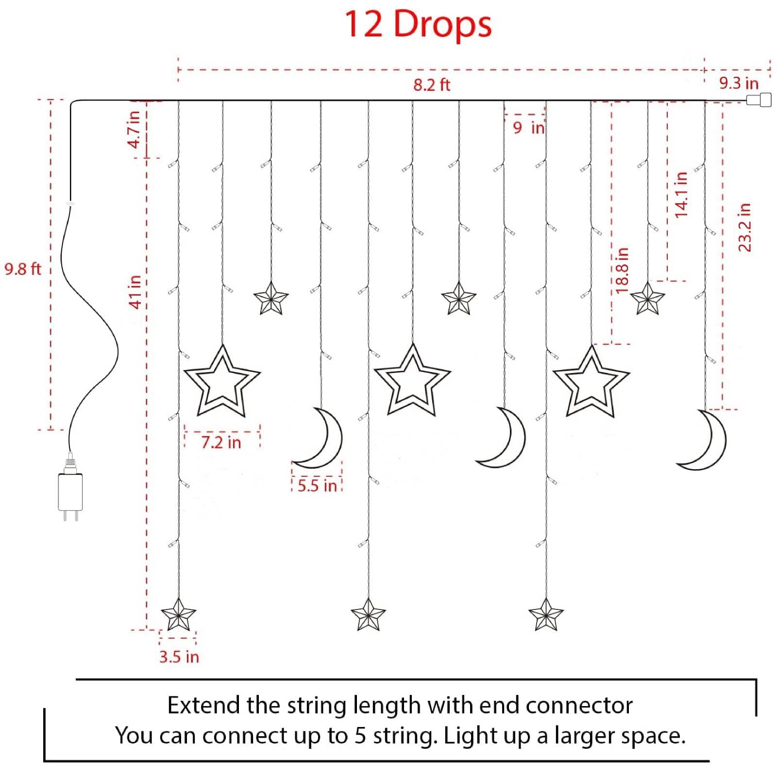 Plug In 18ft 138 LED 12 Star Moon Drops Christmas Window Lights with Remote, 8 Modes, Warm White
