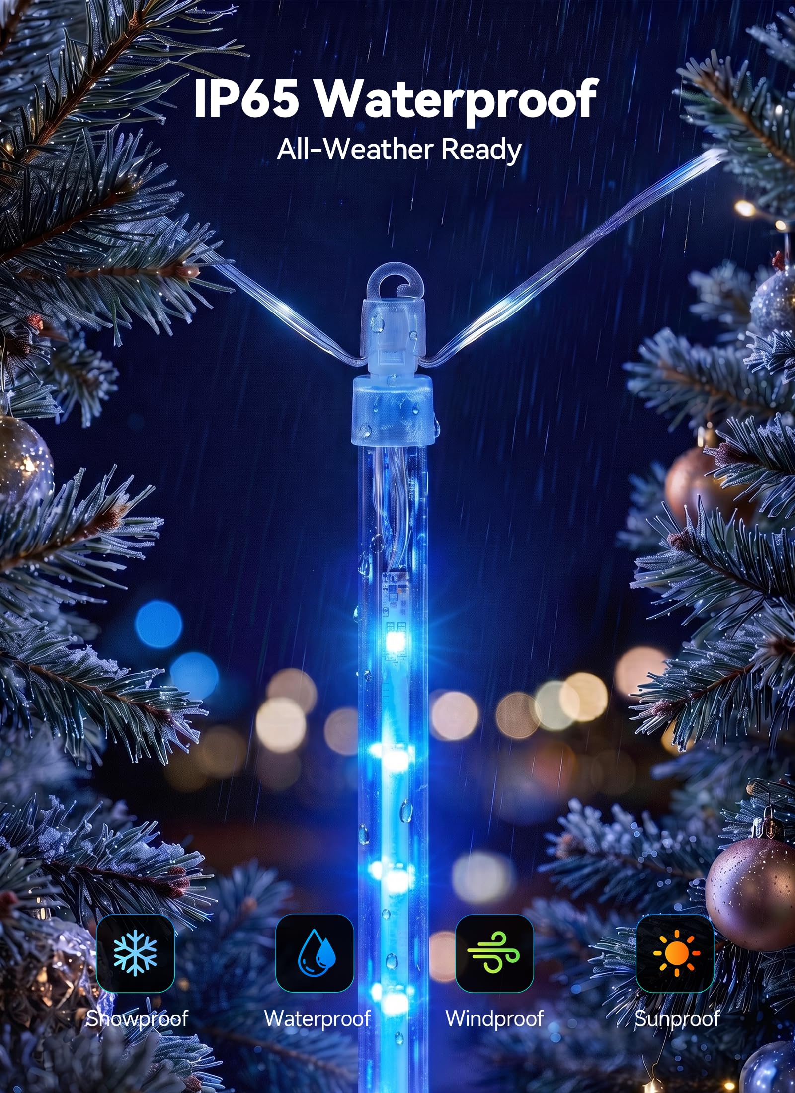 Solar Powered 16 Tube 384 LED Meteor Shower Icicle Lights for Christmas Party Decor, Blue