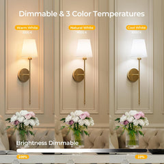 Battery Operated Wall Sconces Set of 2 - Cordless, Rechargeable, Dimmable Lights for Bedroom & Living Room (Gold)