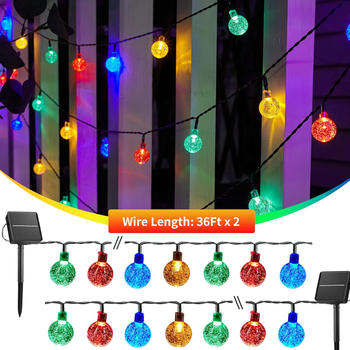 Solar String Lights, 2-Pack 120 LED 72Ft Waterproof Crystal Globe Lights