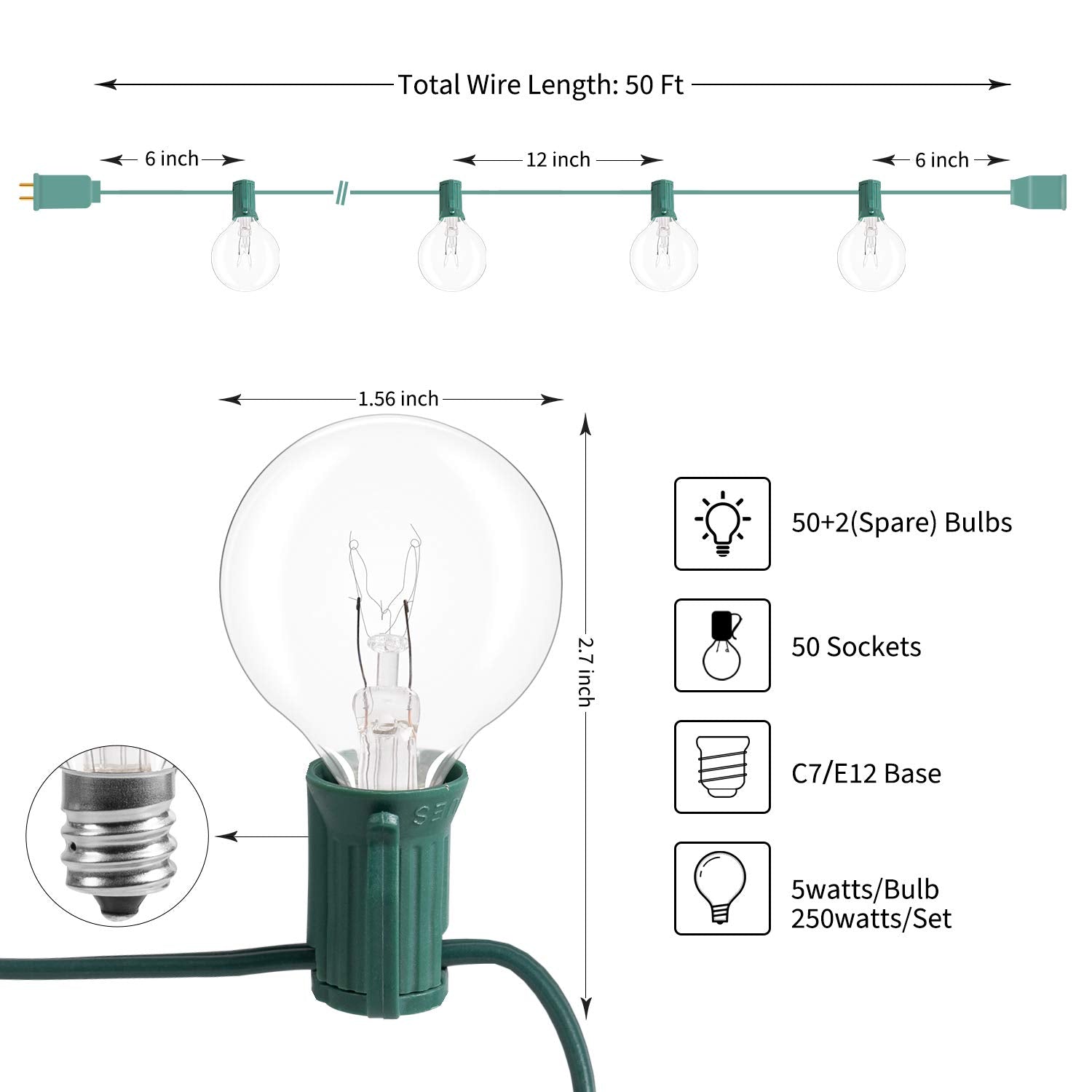 100 Feet / 100 Bulbs ( 4 spare ) / Green Wire