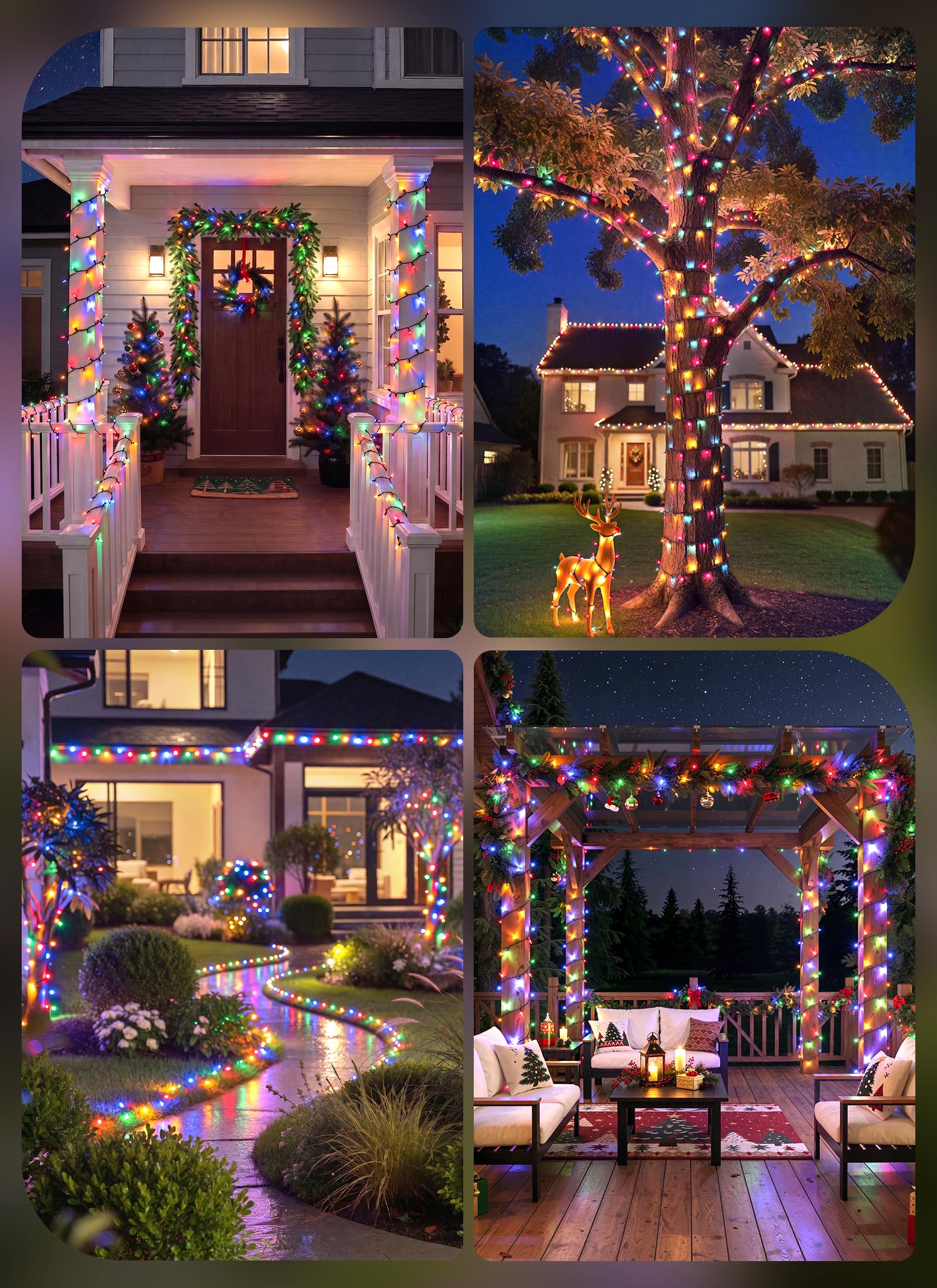 4Pack 156FT 400 LED Solar Christmas Lights Outdoor, Multicolor, 8 Lighting Modes