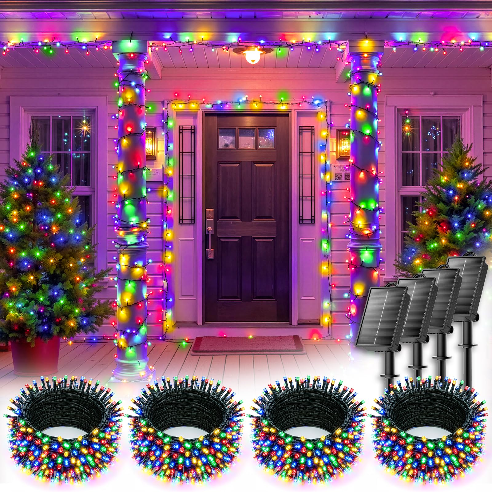 4 Pack Total 288Ft 800 LED Solar Powered String Lights Outdoor for Christmas, Multicolor, 8 Modes